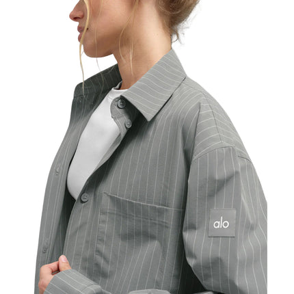 alo Women's Pinstripe Daylight Button Down Long Sleeve Lunar Grey/White