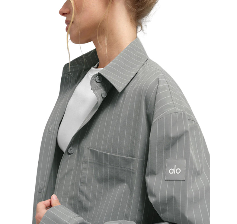 alo Women's Pinstripe Daylight Button Down Long Sleeve Lunar Grey/White