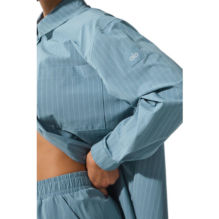alo Women's Pinstripe Daylight Button Down Long Sleeve Dark Celestial Blue/White
