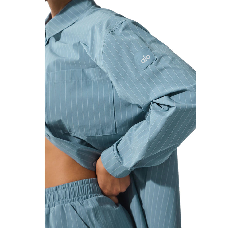 alo Women's Pinstripe Daylight Button Down Long Sleeve Dark Celestial Blue/White