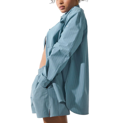 alo Women's Pinstripe Daylight Button Down Long Sleeve Dark Celestial Blue/White