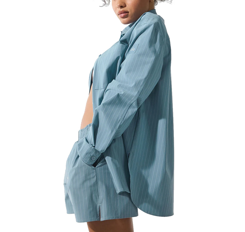 alo Women's Pinstripe Daylight Button Down Long Sleeve Dark Celestial Blue/White
