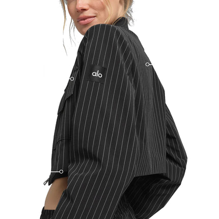 alo Women's Cropped Pinstripe Main Character Full Zip Jacket Black/Titanium