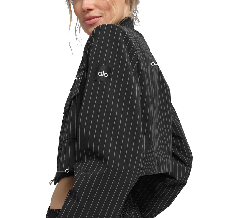 alo Women's Cropped Pinstripe Main Character Full Zip Jacket Black/Titanium