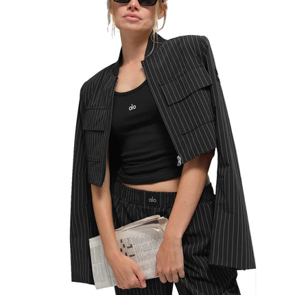 alo Women's Cropped Pinstripe Main Character Full Zip Jacket Black/Titanium