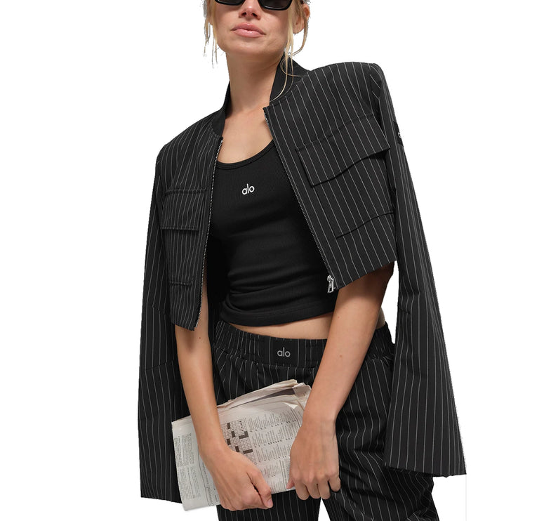 alo Women's Cropped Pinstripe Main Character Full Zip Jacket Black/Titanium