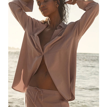 alo Women's Dreamscape Button Down Long Sleeve Taupe