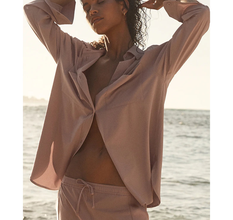 alo Women's Dreamscape Button Down Long Sleeve Taupe