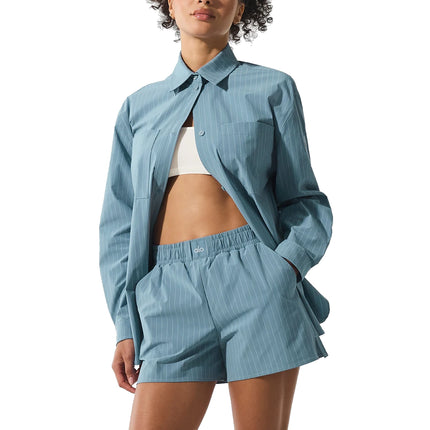 alo Women's Pinstripe Daylight Button Down Long Sleeve Dark Celestial Blue/White