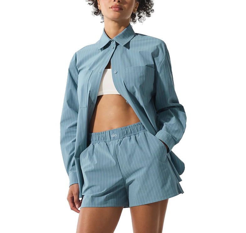alo Women's Pinstripe Daylight Button Down Long Sleeve Dark Celestial Blue/White