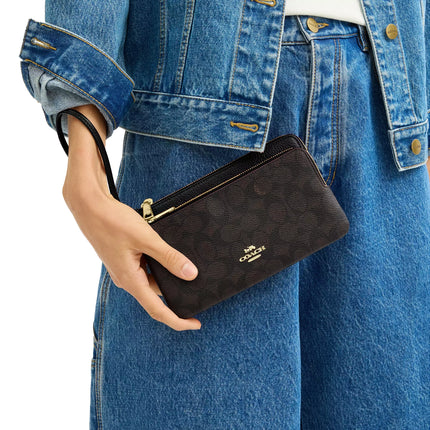 Coach Women's Double Zip Wallet In Signature Canvas Gold/Walnut/Black - Hemen Kargoda