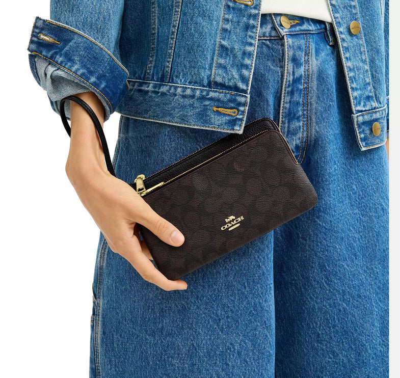 Coach Women's Double Zip Wallet In Signature Canvas Gold/Walnut/Black - Hemen Kargoda