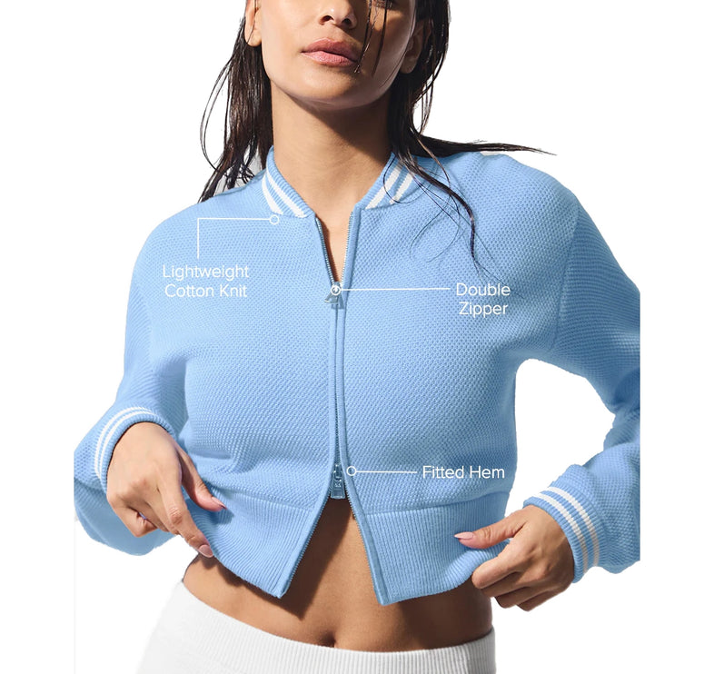 alo Women's Tennis Club Sweater Knit Full Zip Jacket Seashell Blue/White