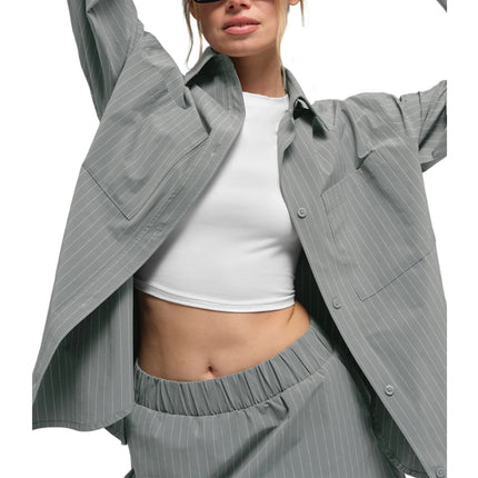 alo Women's Pinstripe Daylight Button Down Long Sleeve Lunar Grey/White