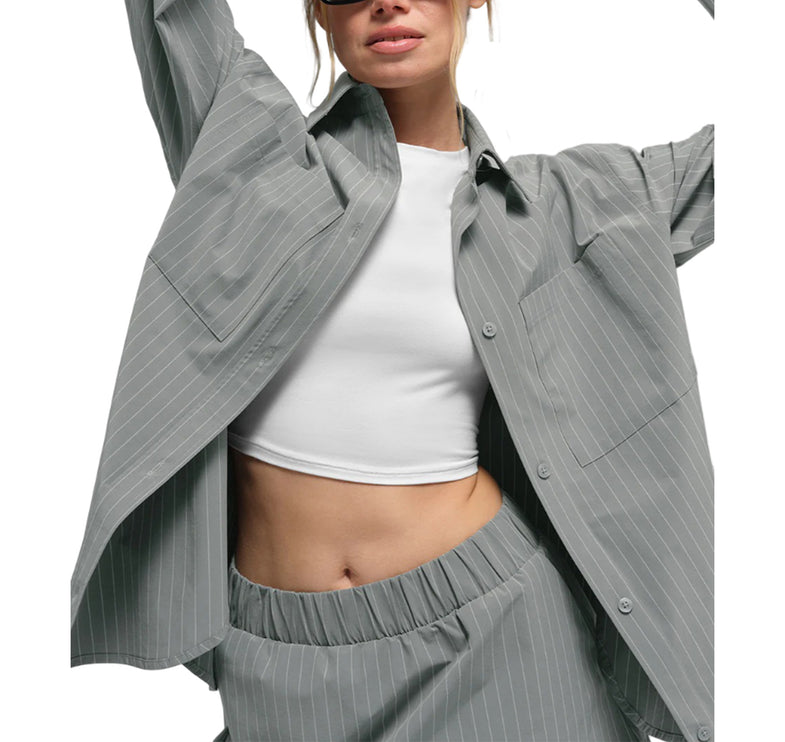 alo Women's Pinstripe Daylight Button Down Long Sleeve Lunar Grey/White