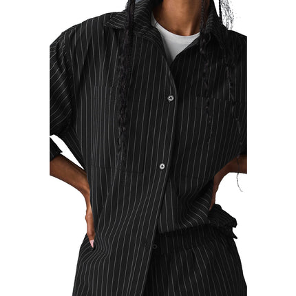 alo Women's Pinstripe Daylight Button Down Long Sleeve Black/Titanium