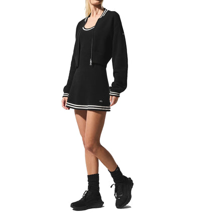 alo Women's Tennis Club Sweater Knit Full Zip Jacket Black/Ivory