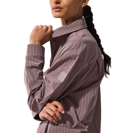 alo Women's Pinstripe Daylight Button Down Long Sleeve Mushroom/Ivory