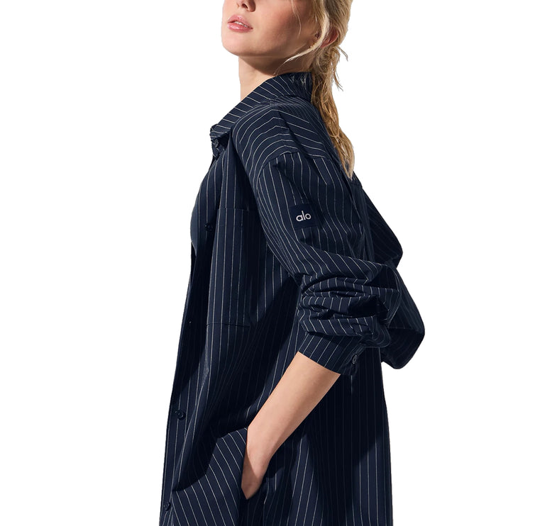 alo Women's Pinstripe Daylight Button Down Long Sleeve Navy/Ivory