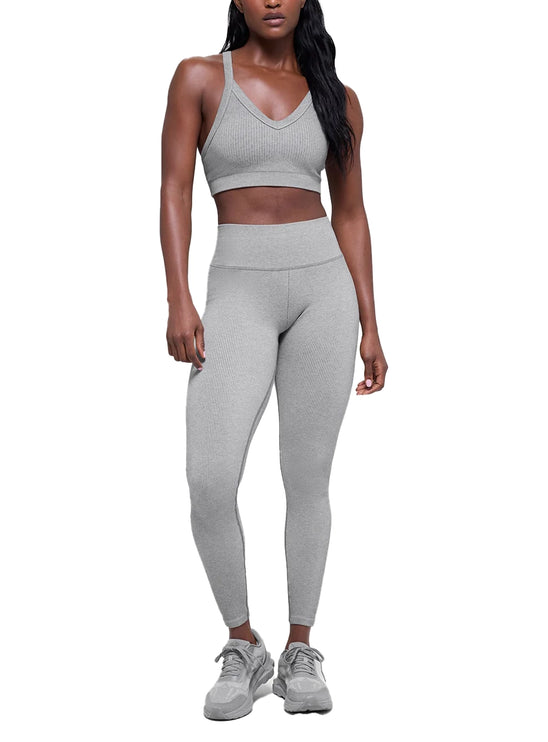alo Women's Seamless Two Tone Rib Bra Light Misty Grey Heather